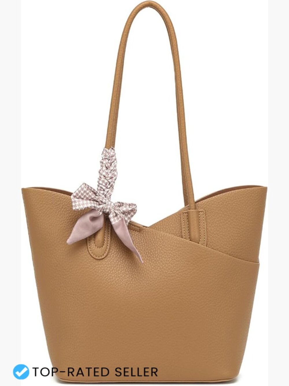 Faux Leather Structured Tote Bag w/ Zipper Clutch, 2-in-1 Work Travel Shoulder
